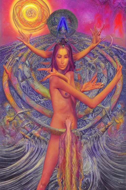 Image similar to mystic cult girl performing psychedelic third eye ritual, expanding energy into waves into the ethos, epic surrealism 8k oil painting, high definition, post modernist layering, by Ernst Fuchs, John Howe