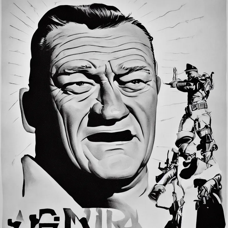 Image similar to propaganda poster john wayne with beams of light coming from behind his head, 8 k, trending on artstation