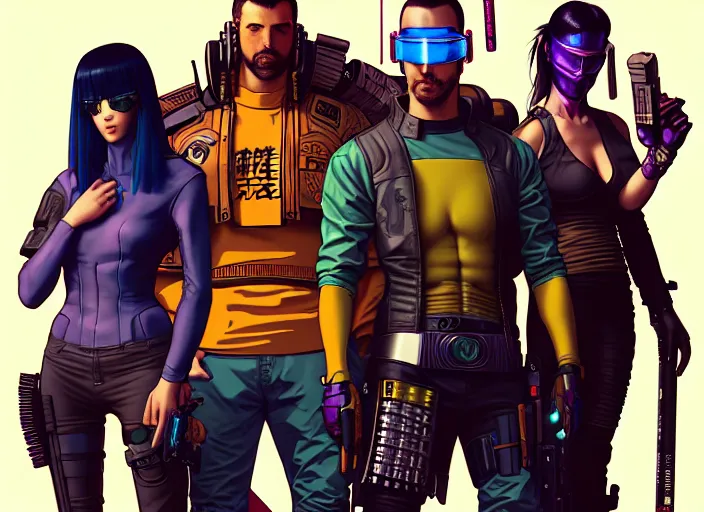 Image similar to cyberpunk samurai team. portrait by stonehouse and mœbius and will eisner and gil elvgren and pixar. character design. realistic proportions. cyberpunk 2 0 7 7 character art, blade runner 2 0 4 9 concept art. cel shading. attractive face. thick lines. the team. diverse characters. artstationhq.