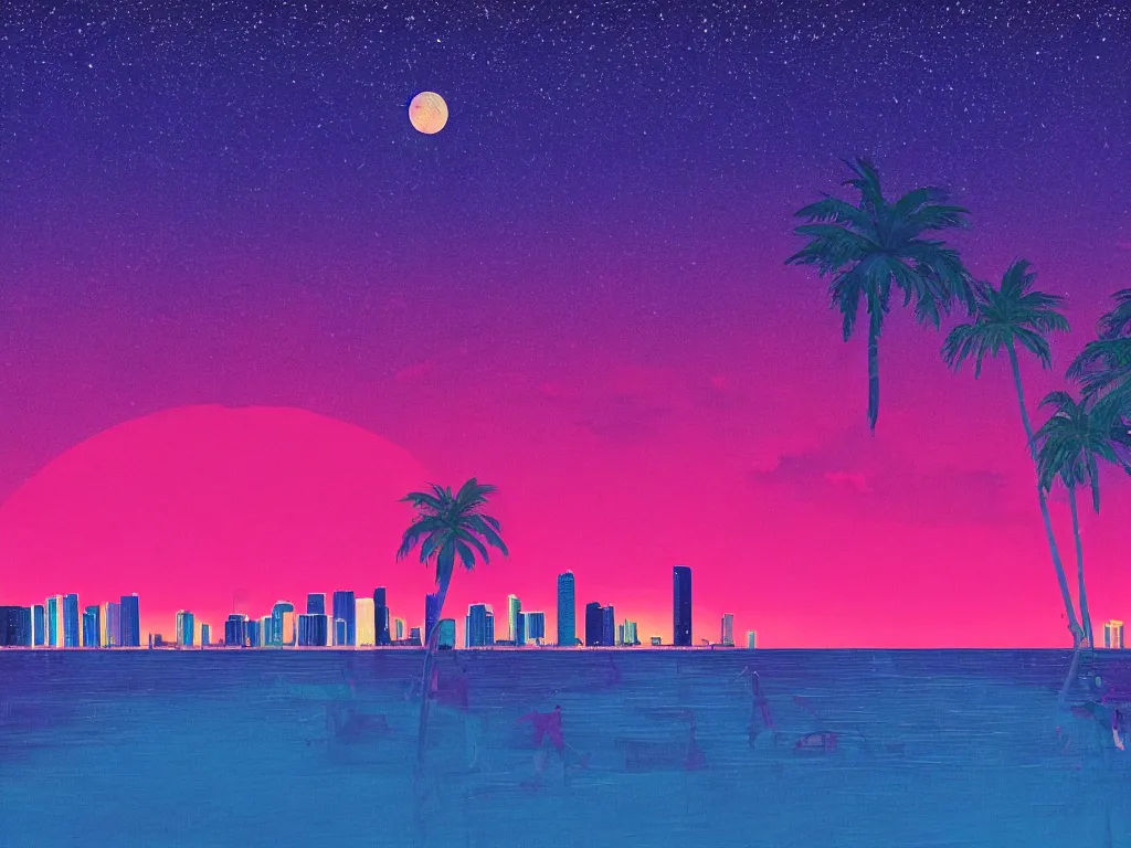 Image similar to night on a summer miami beach, city on the background, palm trees, footprints in the sand, full moon reflected in the calm ocean, starry sky, 8 k, ultra detailed, trending on artstation, digital painting, synthwave and retrowave style, pink color scheme