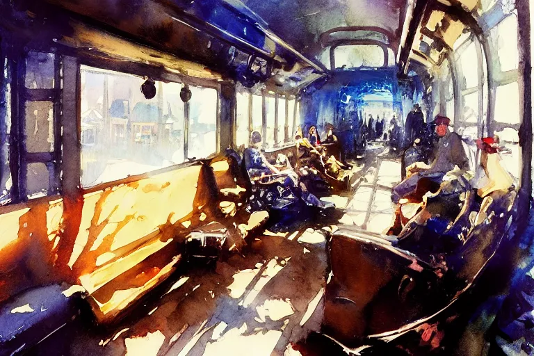 Prompt: small centered on watercolor paper, paint brush strokes, abstract watercolor painting of steam train interior, cinematic light, national romanticism by anders zorn, by hans dahl, by jesper ejsing, by greg rutkowski, by greg manchess, by tyler edlin, by craig mullins