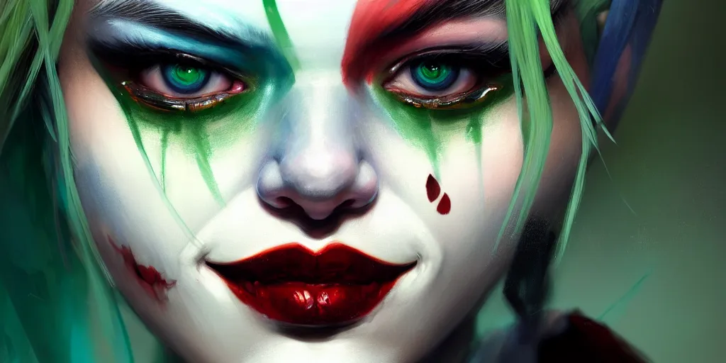 Image similar to ultra detailed close up facial portrait of harley quinn, green eyes, sharp bone structure, extremely detailed digital painting, in the style of fenghua zhong and ruan jia and jeremy lipking and peter mohrbacher, mystical colors, rim light, beautiful lighting, 8 k, stunning scene, raytracing, octane, trending on artstation