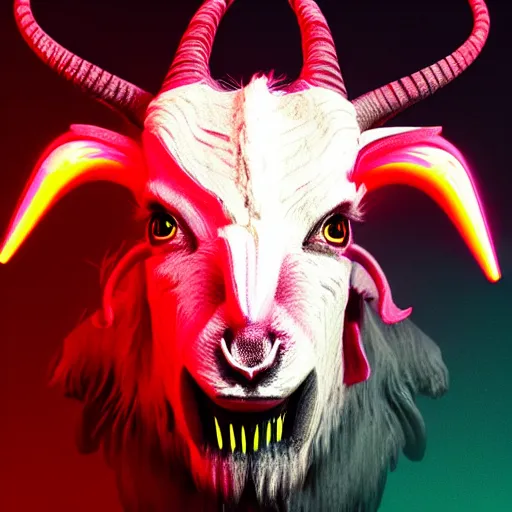 Image similar to synthwave demonic scary goat face with neon horns, detailed face, sharp focus, synthwave art, aesthetic, octane render, raw, cinematic