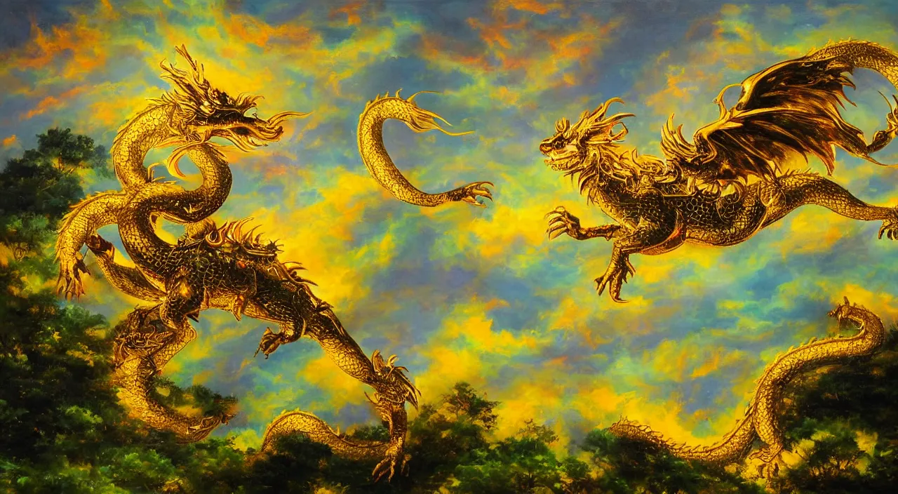 Image similar to beautiful oil painting of golden eastern dragon in sky, green lightning, night clouds, above forest