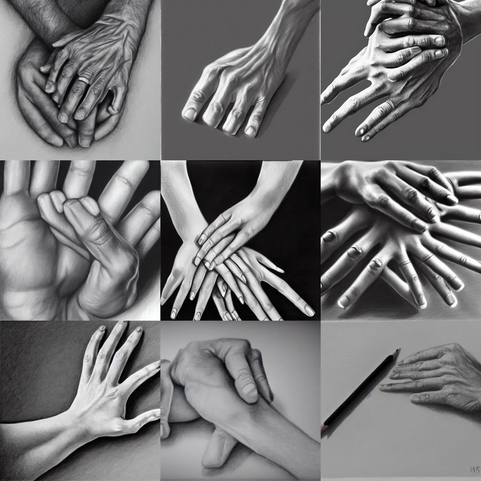 Prompt: hyper realistic pencil drawing of hands