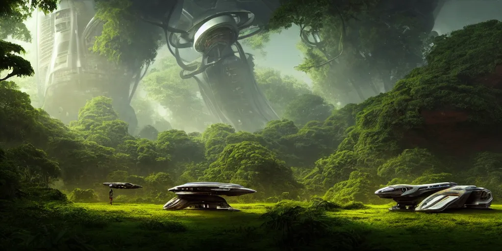 Image similar to a huge futuristic rusty old alien spaceship, next to it a smaller exploration ship on a landing pad, surrounded by a lush alen jungle, in the foreground two explorers are arguing next to tiny animals!!, the animals are walking around, dawn, volumetric light, hyperdetailed, artstation, cgsociety, 8k