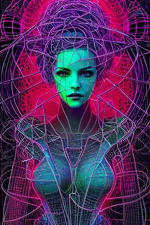 Prompt: dreamy cyberpunk girl, neon leather, detailed acrylic, wireframe fractals, intricate complexity, by dan mumford and by alberto giacometti, peter lindbergh