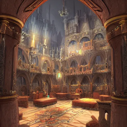 Image similar to interior of a fantasy castle, highly detailed, artstation, digital art