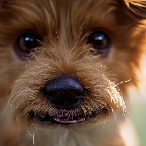 Image similar to closeup portrait of a small light brown furry dog with tongue licking its nose, natural light, sharp, detailed face, magazine, press, photo, Steve McCurry, David Lazar, Canon, Nikon, focus