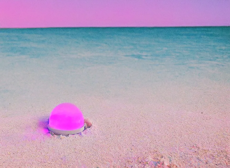 Image similar to a pastel coloured vintage family holiday photo of an empty beach from an alien dreamstate world with chalky pink iridescent!! sand, reflective lavender ocean water, dim bioluminescent plant life and an igloo shaped shiny plastic transparent festival speakers. glare. refraction, volumetric light.