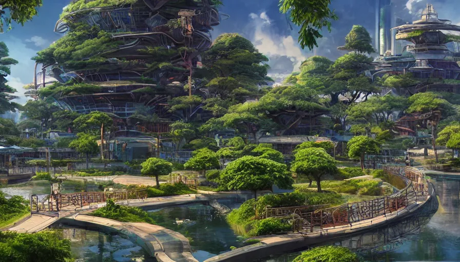 Image similar to futuristic city with a pond, beautiful ancient trees, hiding large treasure chest, serene evening atmosphere, soft lens, soft light, cel - shading, animation, in the style of cgsociety, deviantart, artstation, zbrush, cinema 4 d, studio ghibli, akihiko yoshida, atelier lulua, masamune shirow