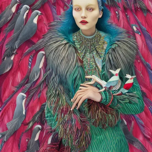 Image similar to pretty model with birds and feathers : : by martine johanna and simon stalenhag and chie yoshii and casey weldon and wlop : : ornate, dynamic, particulate, rich colors, intricate, elegant, highly detailed, vogue, harper's bazaar art, fashion magazine, smooth, sharp focus, 8 k, octane render