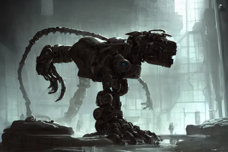 Image similar to robosaurus parallax datacenter server room interior single mono colossus white rusty robot sitting artstation cinematic detailed concept art volumetric light sharp coherent cgsociety symmetric perfect well balanced shadows lotr technogoddess simonetti