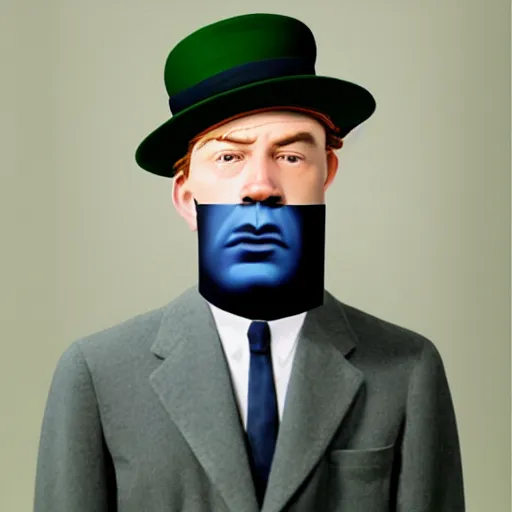 Image similar to portrait of a man wearing pants hat, realphoto render by rene magritte