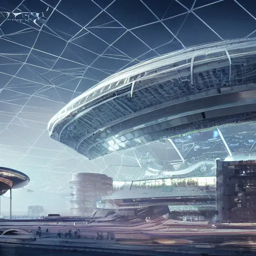 Image similar to a huge futuristic stadium for gladatior combat with a forcefield dome floating above a cyberpunk city, hexagonal shaped, elegant architecture, modern, epic light, elegant, artstation, intricate, highly detailed, ultra realist, hd, unreal engine, 3 d, hd