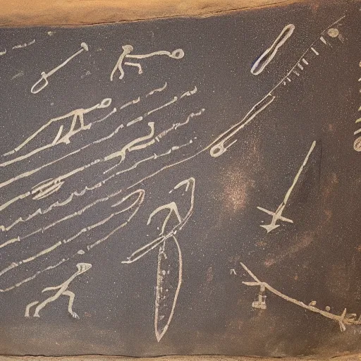 Image similar to cave drawing of space rocket launch, museum item, dated to 4 0, 0 0 0 years ago