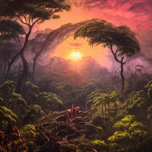 Prompt: giant cut off statue of libertys head with crown is lying sideways on the ground , reclaimed by the jungle , surrounded by tall vines in oversized misty jungle, dramatic sunset and dramatic sky , very detailed oil painting by frazetta, low angle, postapocalyptic panorama.asthetics !