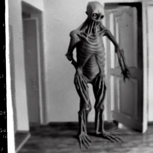 Prompt: 1 9 8 3, found footage, old abandoned house, creepy mutant flesh creature, flesh blob