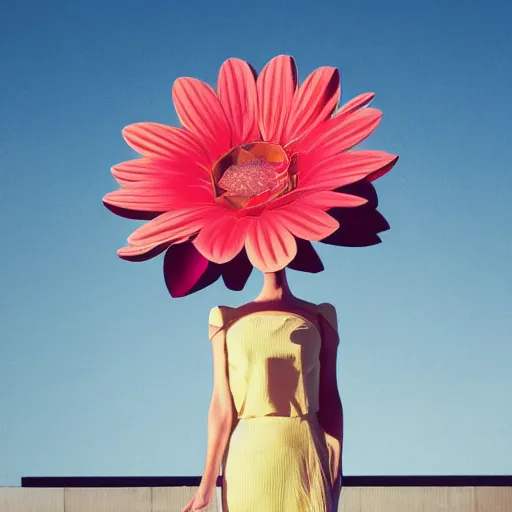 Image similar to giant flower head, frontal, girl standing in mid century hotel, surreal, symmetry, bright colors, cinematic, wes anderson