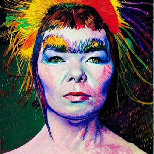 Prompt: very beautiful and very detailed and very colorful portrait of bjork, painted by van gogh