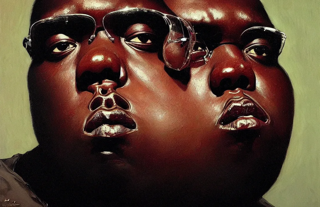 Image similar to portrait of the notorious b. i. g. but he has a thin face!!!!!!!!!!!!!!!!!!!!!!!!!!!, detailed face, detailed painting, epic lighting, by ilya repin, phil hale and kent williams