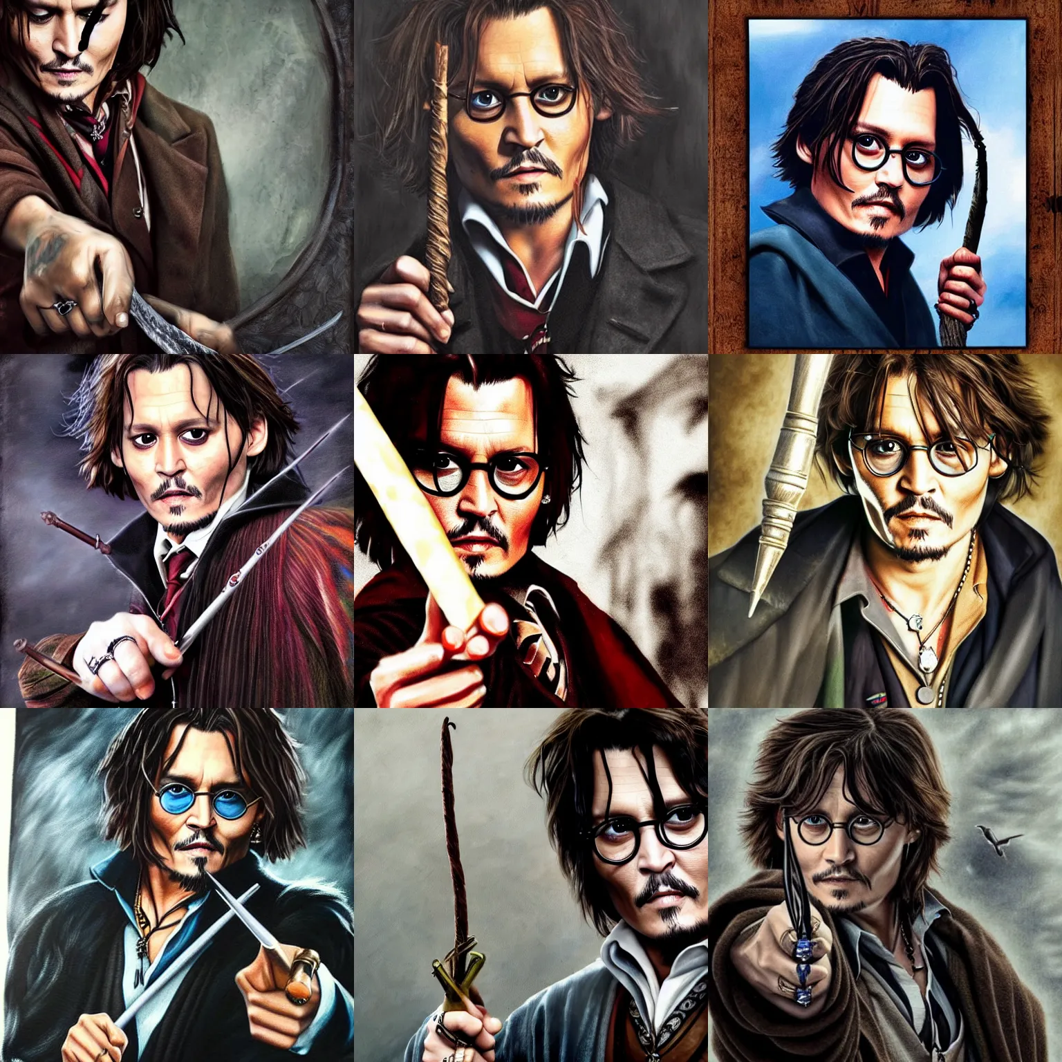 Prompt: Johnny Depp as Harry Potter holding a wand, high quality, photorealistic, art station, detailed