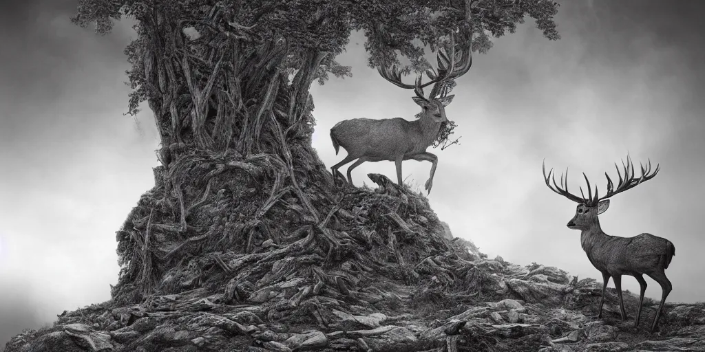 Image similar to rotting deer, dolomites, alpine, detailed intricate insanely detailed octane render, 8k artistic 1920s photography, photorealistic, black and white, chiaroscuro, hd, by David Cronenberg, Raphael, Caravaggio