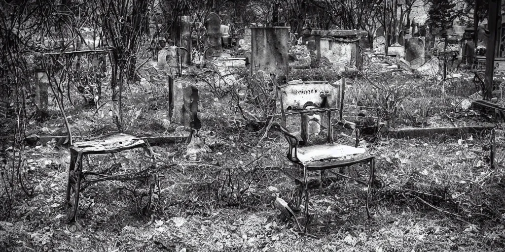 Image similar to corrupted evil cursed chair in an abandoned grave yard