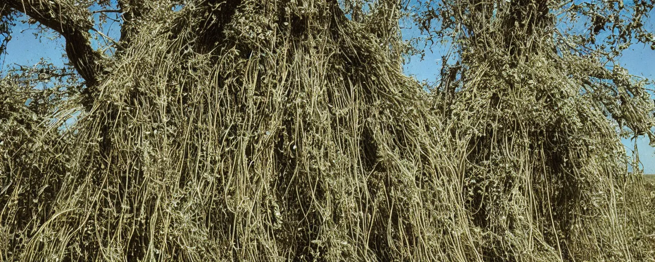 Prompt: wide shot of spaghetti growing on a tree, in a large field, in the style of galen rowell, canon 2 0 mm, photograph, kodachrome