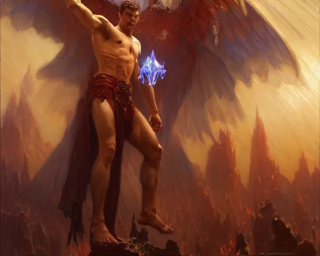 Image similar to attractive lucifer morning star summons death. highly detailed painting by gaston bussiere, craig mullins, j. c. leyendecker 8 k