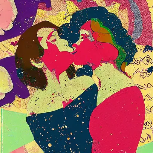 Prompt: two women kissing at a party, mixed media collage, retro, paper collage, magazine collage, acrylic paint splatters, retro psychedelic illustrations,