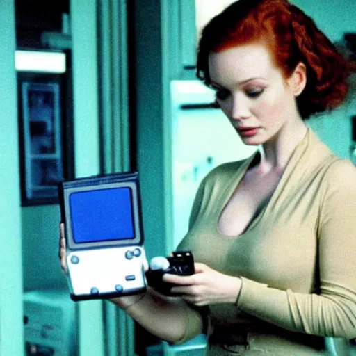 Prompt: a still of Christina Hendricks playing with a Gameboy, in the movie Lifeforce (1985), highly detailed and intricate, cinematic lighting, 8k remastered HDR