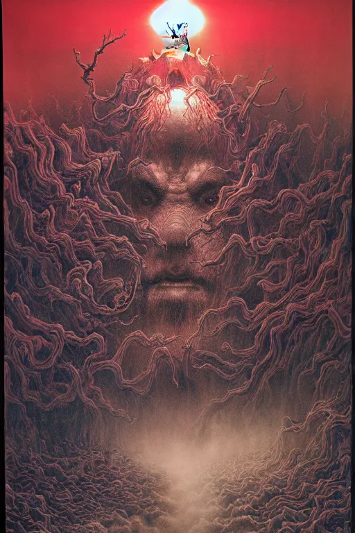 Image similar to zhongyuan festival, chinese ghost festival, king of hell, inside page of comic book, psychedelic lights and fog, in the style of zdzislaw beksinski, ayami kojima, takato yamamoto, barclay shaw, karol bak, glowing light and shadow, hyperrealist