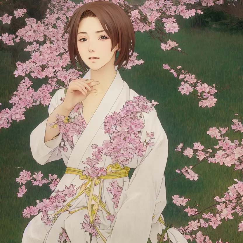 Prompt: portrait of a girl, sakura tree in background, yukata clothing, real faces, anime style, short hair, hair down, symmetrical facial features, realistic hands, hyper realistic, 4 k, extreme detail, detailed drawing, trending artstation, realistic lighting, by alphonse mucha, greg rutkowski, sharp focus, backlit