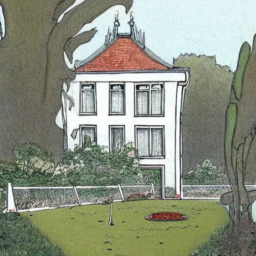 Image similar to white old dutch house, lush garden next to highway, drawing by moebius