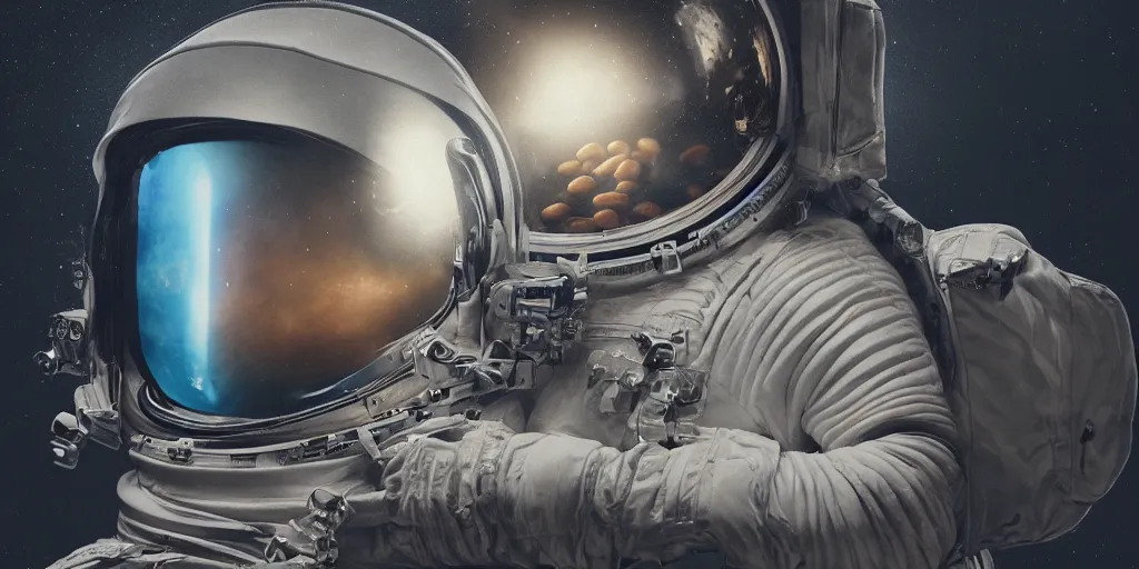 Image similar to Intricate detailed illustration, A portrait of an astronaut with a helmet full of baked beans, cinematic lighting, by Philip Hood, wide angle, volumetric light scattering, 8k, artstation, concept art,