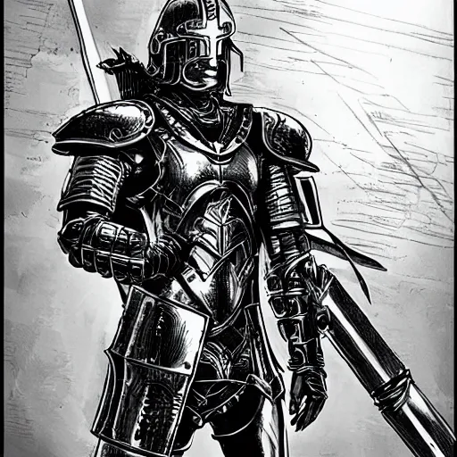 Image similar to a cyberpunk paladin in very heavy silver armor wearing a crusaders helmet he is holding a large long sword in a cyberpunk setting, comic book art, cyberpunk, art by stan lee, pen drawing, inked, colorful, bright high tech lights, dark, moody, dramatic, deep shadows, marvel comics, dc comics