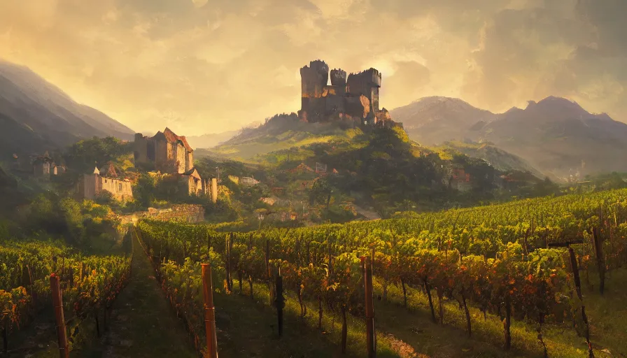 Image similar to a beautiful establishing shot of toussaint castle and vineyards, warm colors by greg rutkowski and kalin popov, trending on artstation, masterpiece,