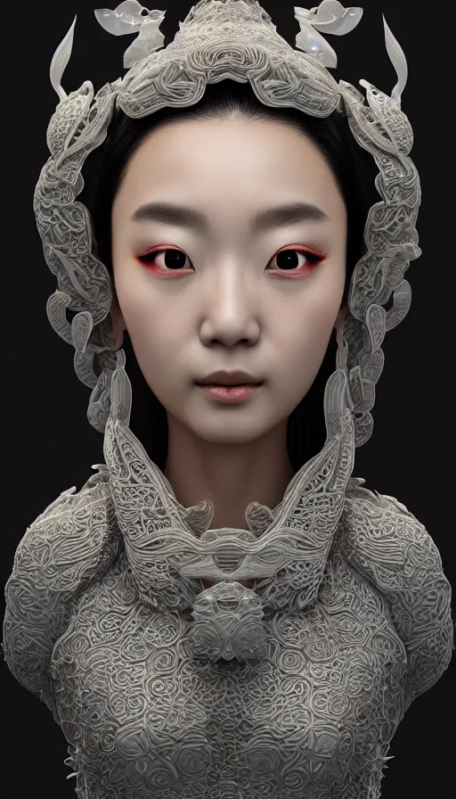 Prompt: 3 d goddess close - up profile portrait. beautiful intricate highly detailed korean gumiho mask and traditional hanbok. stingray magpie, bio luminescent, plasma, ice, water, wind, creature, artwork by tooth wu and wlop and beeple and greg rutkowski, octane 3 d render