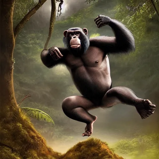 Image similar to Angry Chimpanzee Jumping, Epic Jump, Cinematic Photo, Cinematic Shot, Jungle, Foliage Boris Vallejo, Epic, 8k resolution, ArtStation, Hyperrealistic