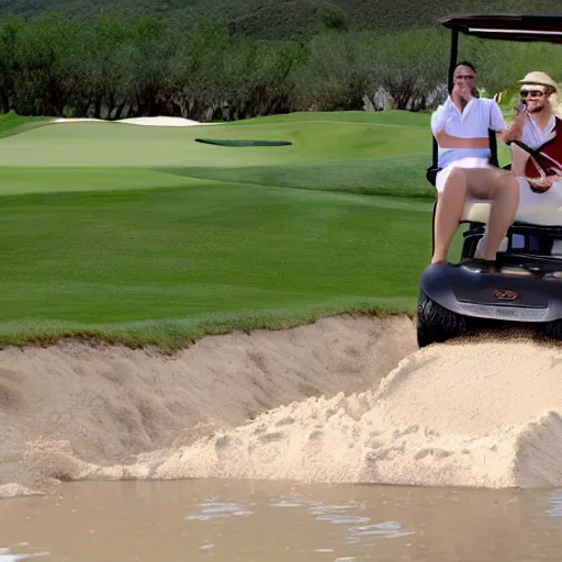 Image similar to golf cart obstacle course with sand traps, flowing water, lava, giant spiders. directed by steven spielberg. cinematic