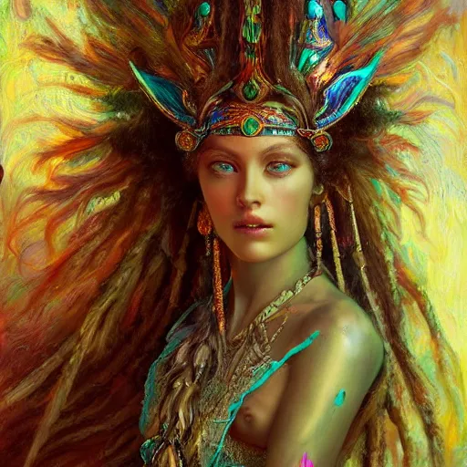 Image similar to artstation, intricate detail, hyper detail, portrait by gaston bussiere, tan skin, lady of elche, egyptian sumerian features, techno mystic goddess princess intergalactica inanna with aqua neon rapunzel dreadlocks,