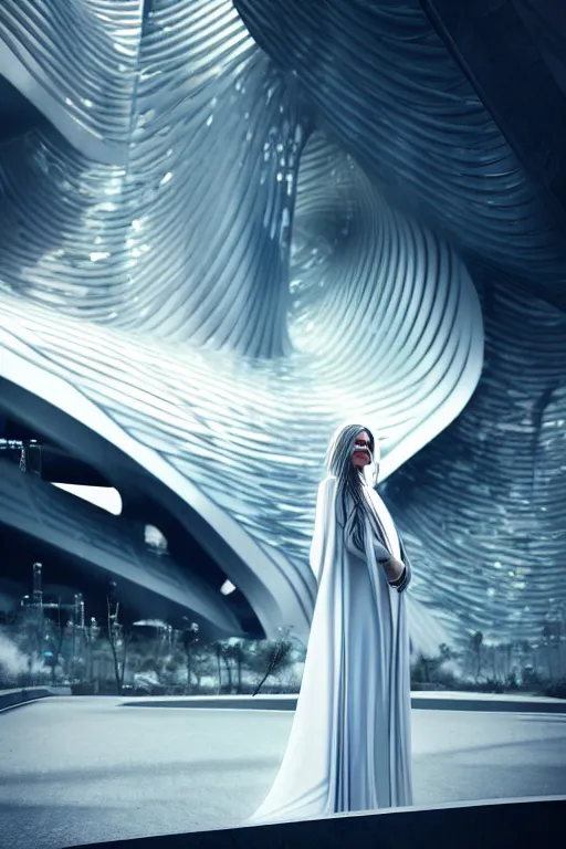 Image similar to a futuristic scene with an log silver haired beautiful woman in a white flowing dress, in front of a zaha hadid building, cinematic matte painting, extreme detail photo quality, dark moody colors, featured on behance