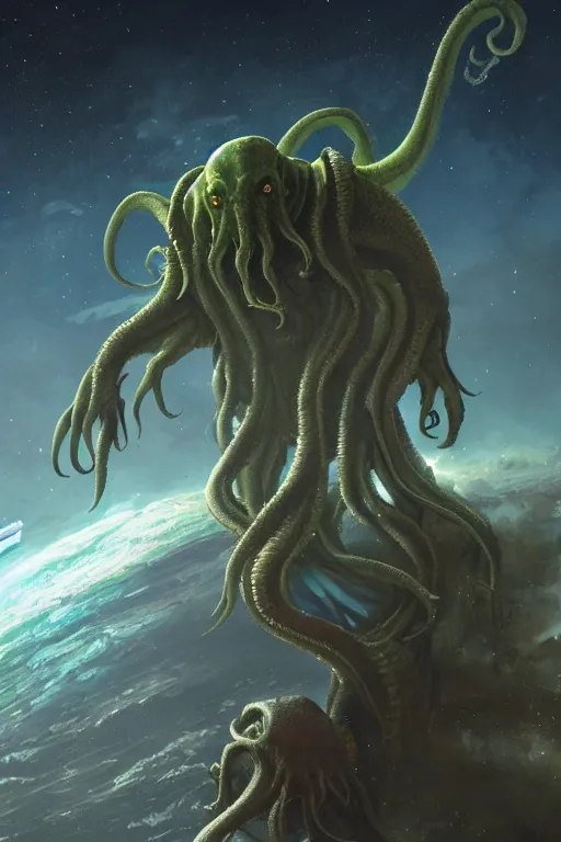 Image similar to cthulhu in space looking at earth, larger than earth, huge, towering, gigantic, high octane, 8 k, digital art, magic the gathering, mtg, by greg rutkowski, trending on artstation