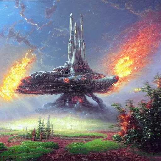 Prompt: a massive spaceship, stuck in the ground, the spaceship is on fire, smoke, hard rainstorm, angry, kinetic, thomas kinkade,