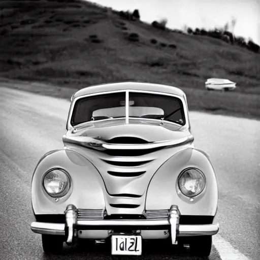 Prompt: a 1950's styled car in the road, realistic, photography.