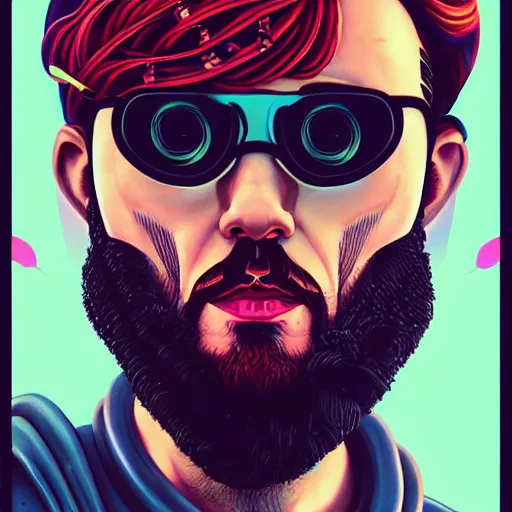 Prompt: Lofi vaporwave cyberpunk bearded man, Pixar style, Tristan Eaton, Stanley Artgerm, Tom Bagshaw