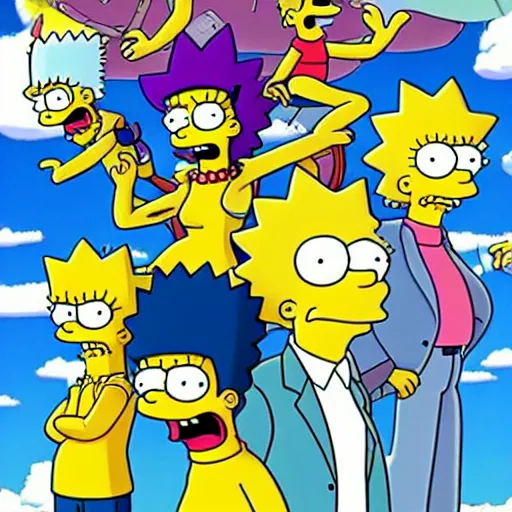 Image similar to The Simpsons take on Rick and Morty in an epic battle, anime style