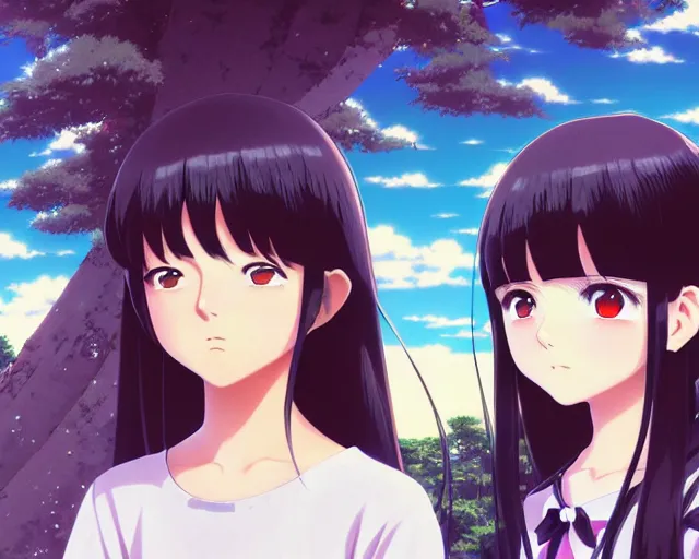 Image similar to beautiful anime girl with long black hair and bangs, beautiful anime guy with black hair, wearing black clothes, siblings, fine details portrait, japense village in background, bokeh. anime masterpiece by Studio Ghibli. illustration, sharp high-quality anime illustration in style of Ghibli, Ilya Kuvshinov, Artgerm