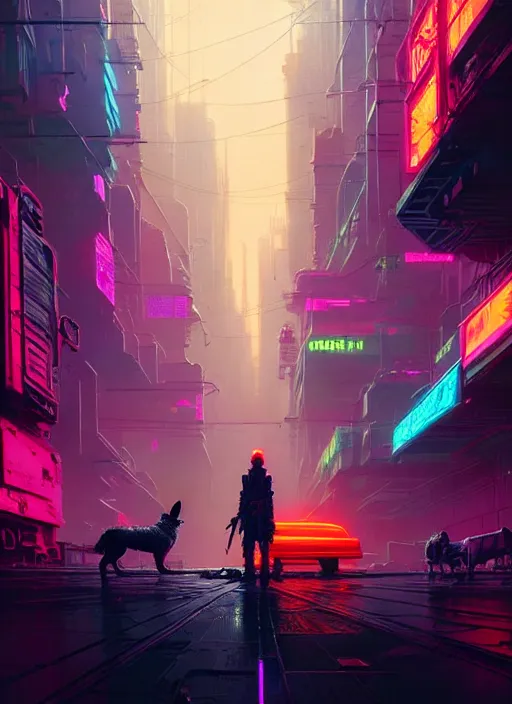 Image similar to masterpiece concept art, neon corgi in a cyberpunk world by greg rutkowski and geof darrow, 8 k, intricate detail, cinematic lighting